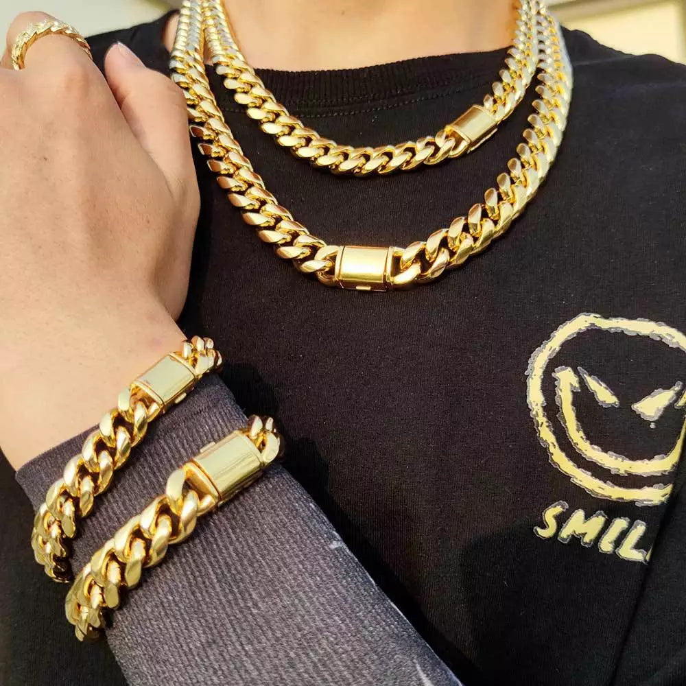 8/10/12/14MM 14K Gold Plated Flip Button Miami Cuban Link Chain