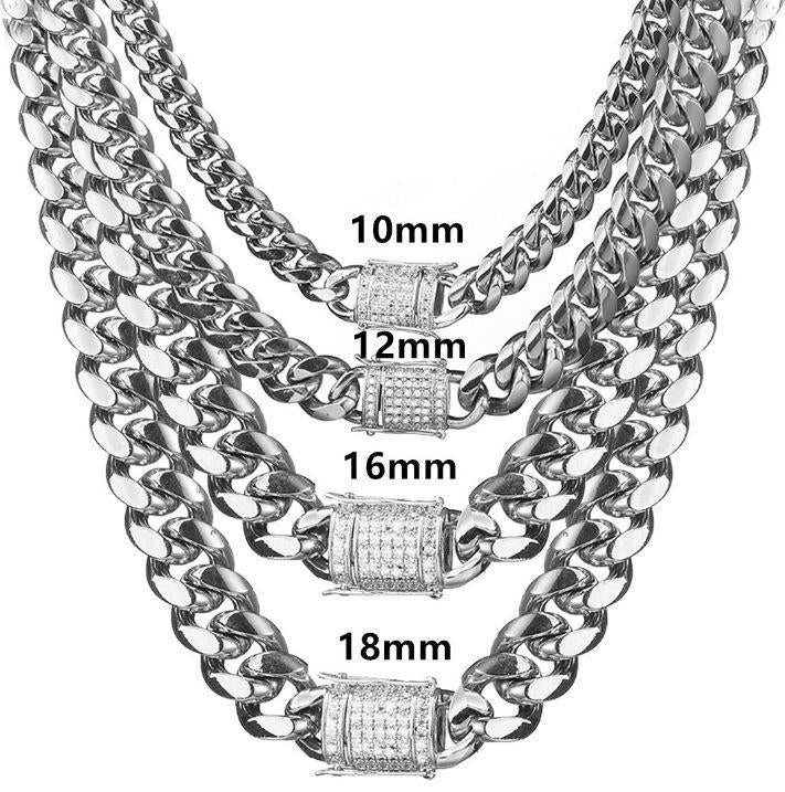 8/10/12/14/16/18MM White Gold Plated Stainless Steel Iced Out Miami Cuban Link Chain Thegoldlinks