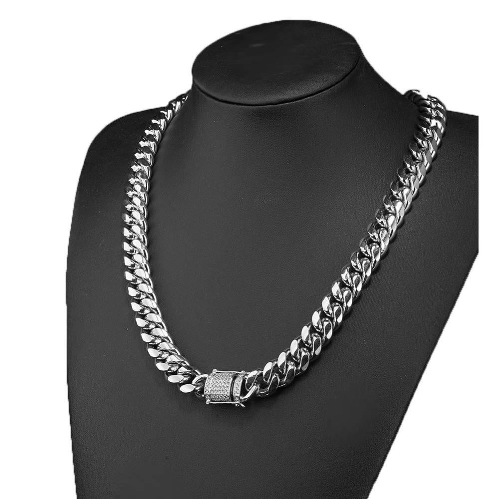 8/10/12/14/16/18MM White Gold Plated Stainless Steel Iced Out Miami Cuban Link Chain