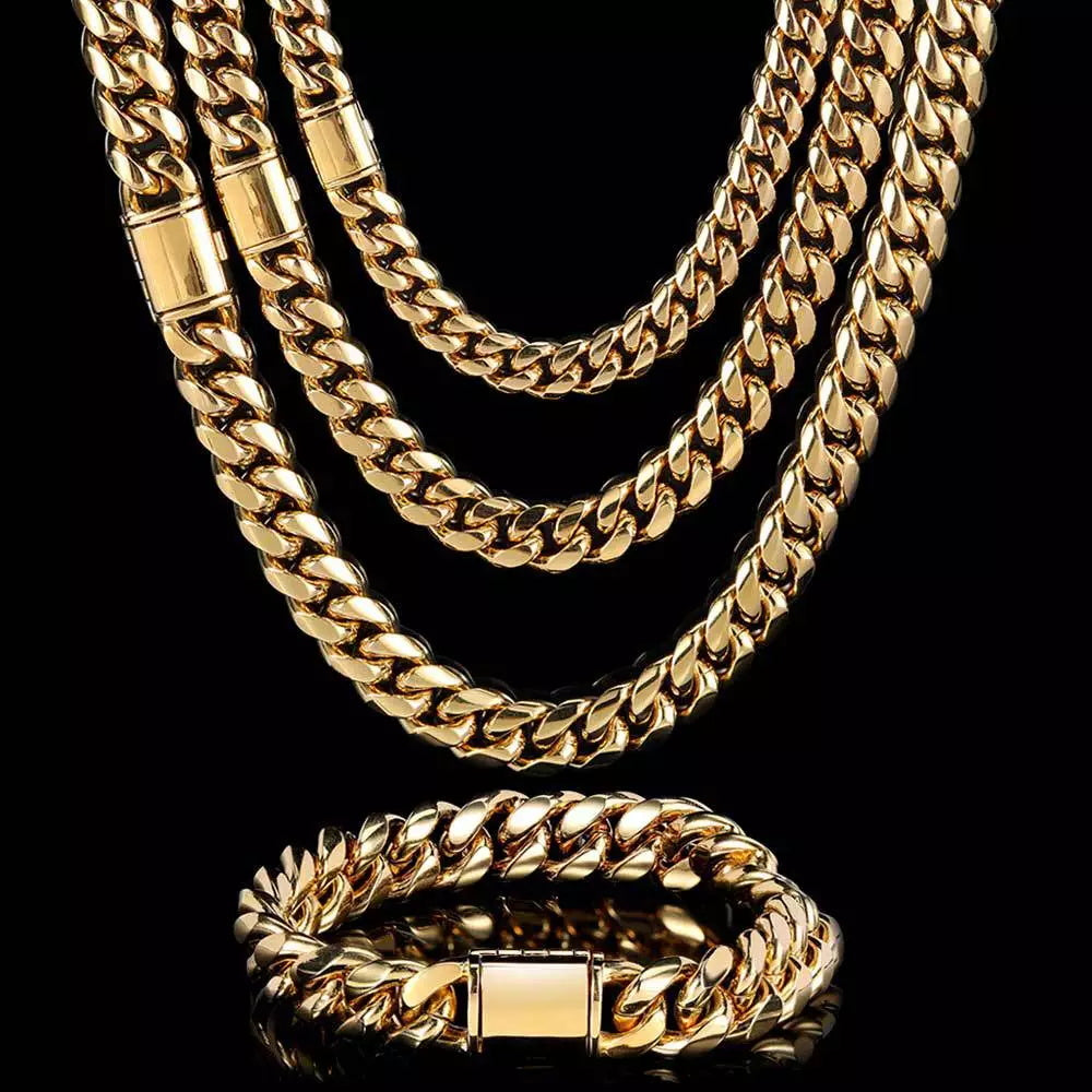 8/10/12/14MM 14K Gold Plated Flip Button Miami Cuban Link Chain