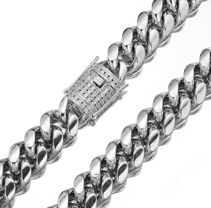 8/10/12/14/16/18MM White Gold Plated Stainless Steel Iced Out Miami Cuban Link Chain Thegoldlinks