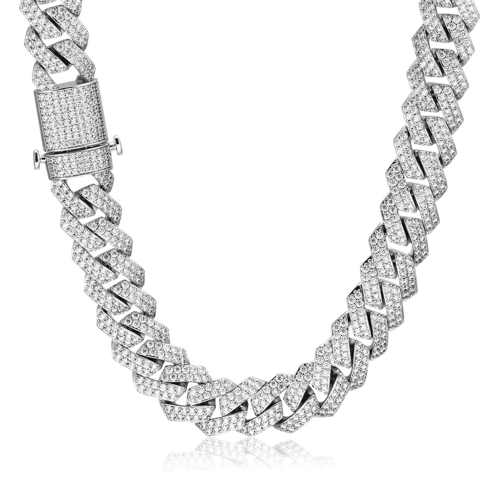 15MM White Gold Prong  Cuban Link Bracelet