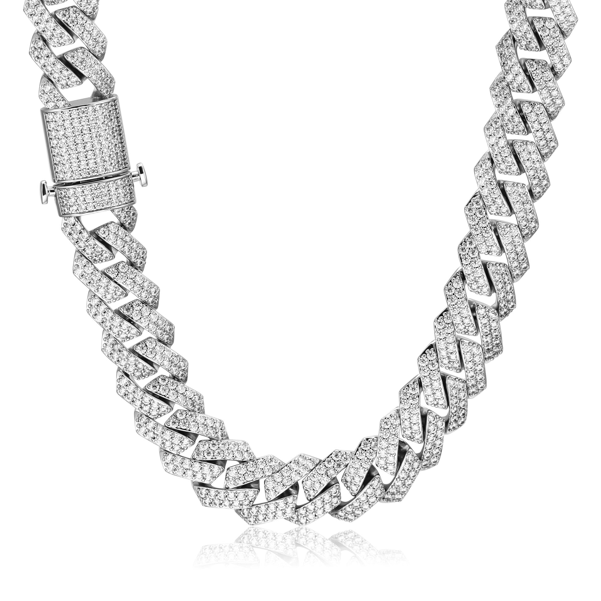 15MM White Gold Prong  Cuban Link Bracelet