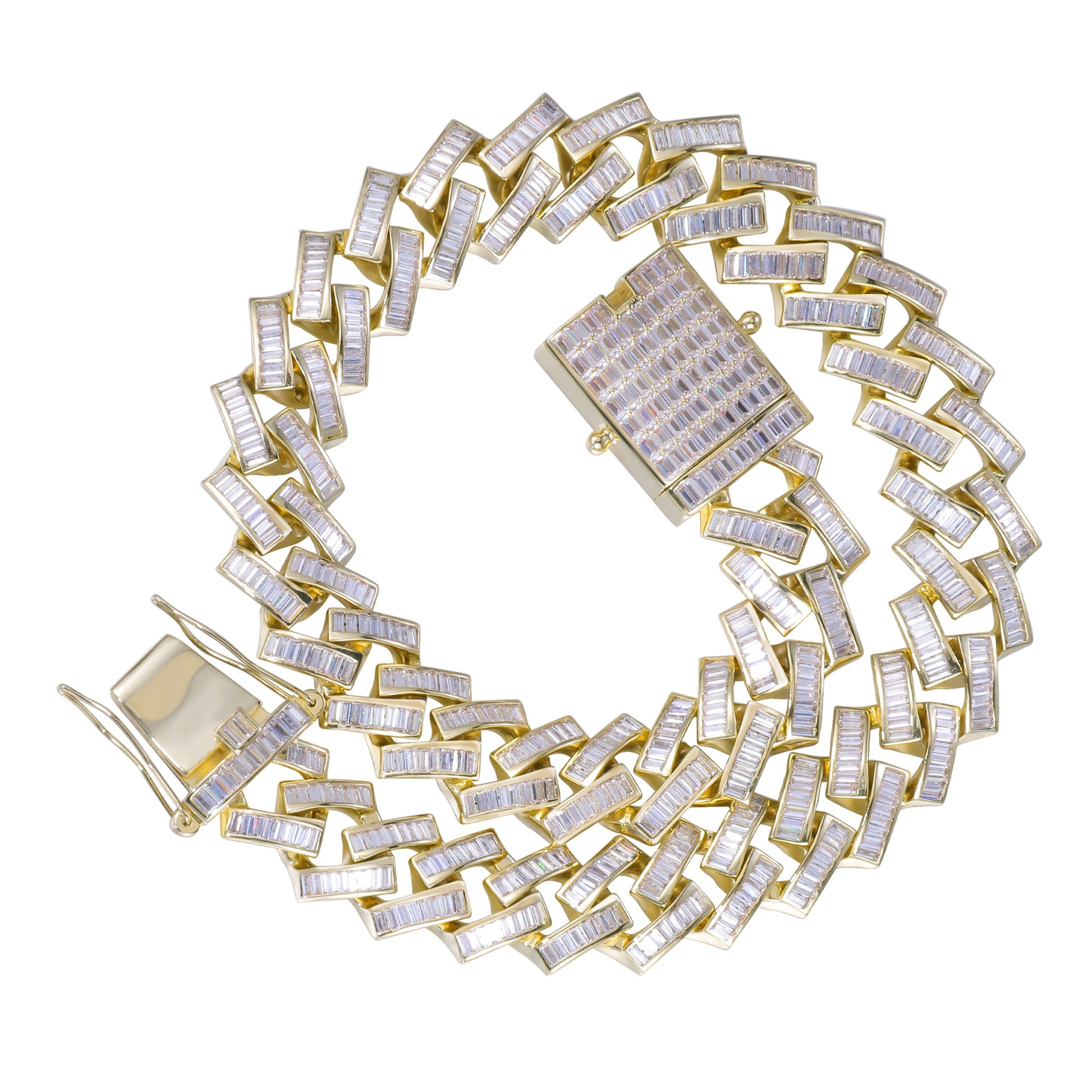 19MM 14K Gold Plated Iced Out Baguette Cuban Link Chain