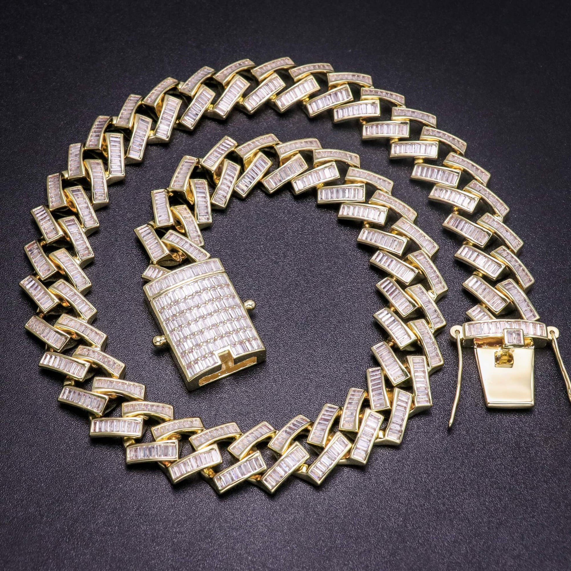 19MM 14K Gold Plated Iced Out Baguette Cuban Link Chain