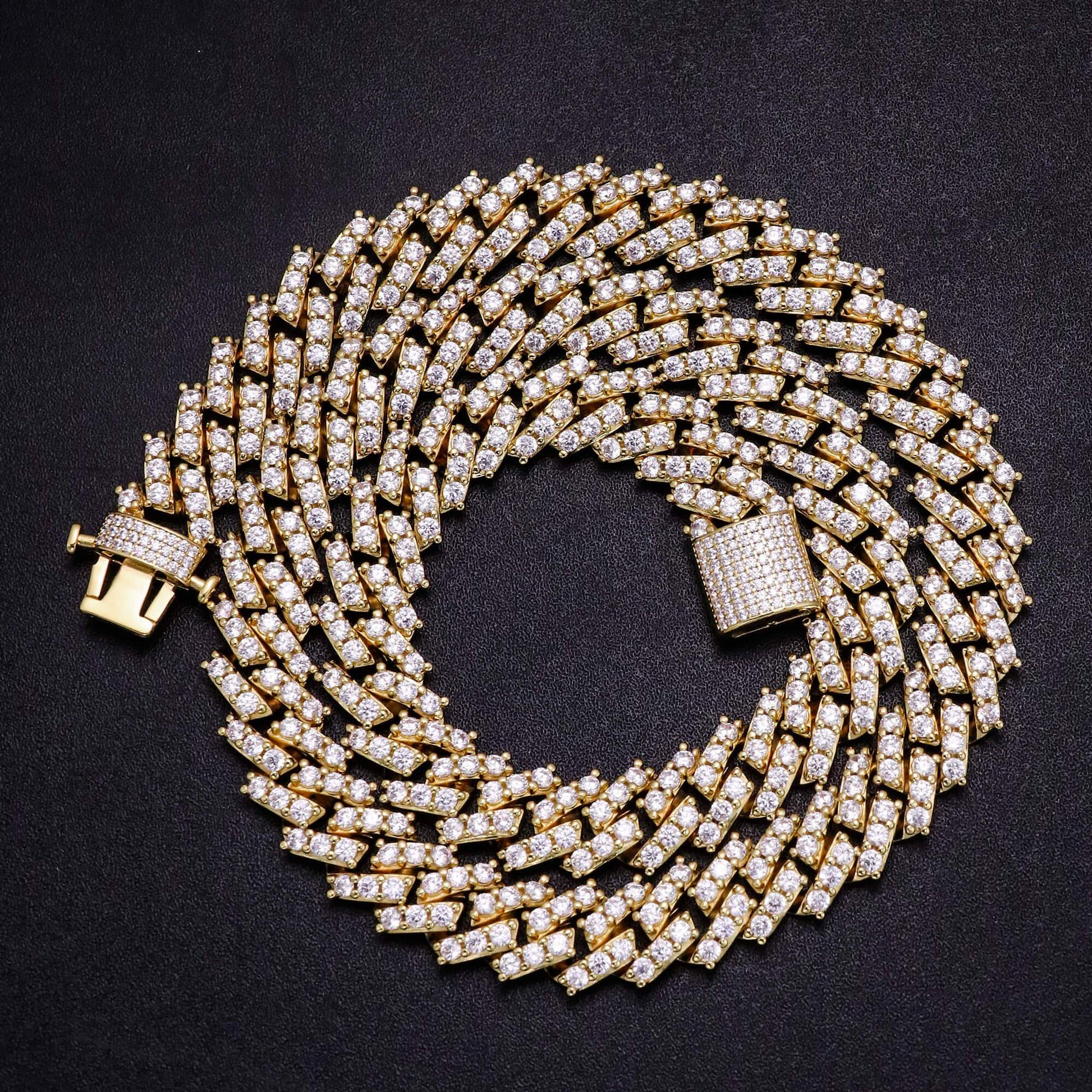 15MM 14K Gold Plated Iced Out Simulated  S Link Prong Chain