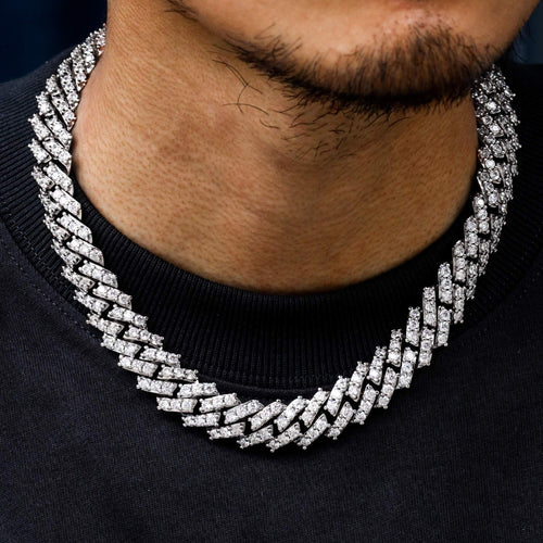 15MM White Gold Plated Iced Out  Simulated  S Link Prong Chain Thegoldlinks