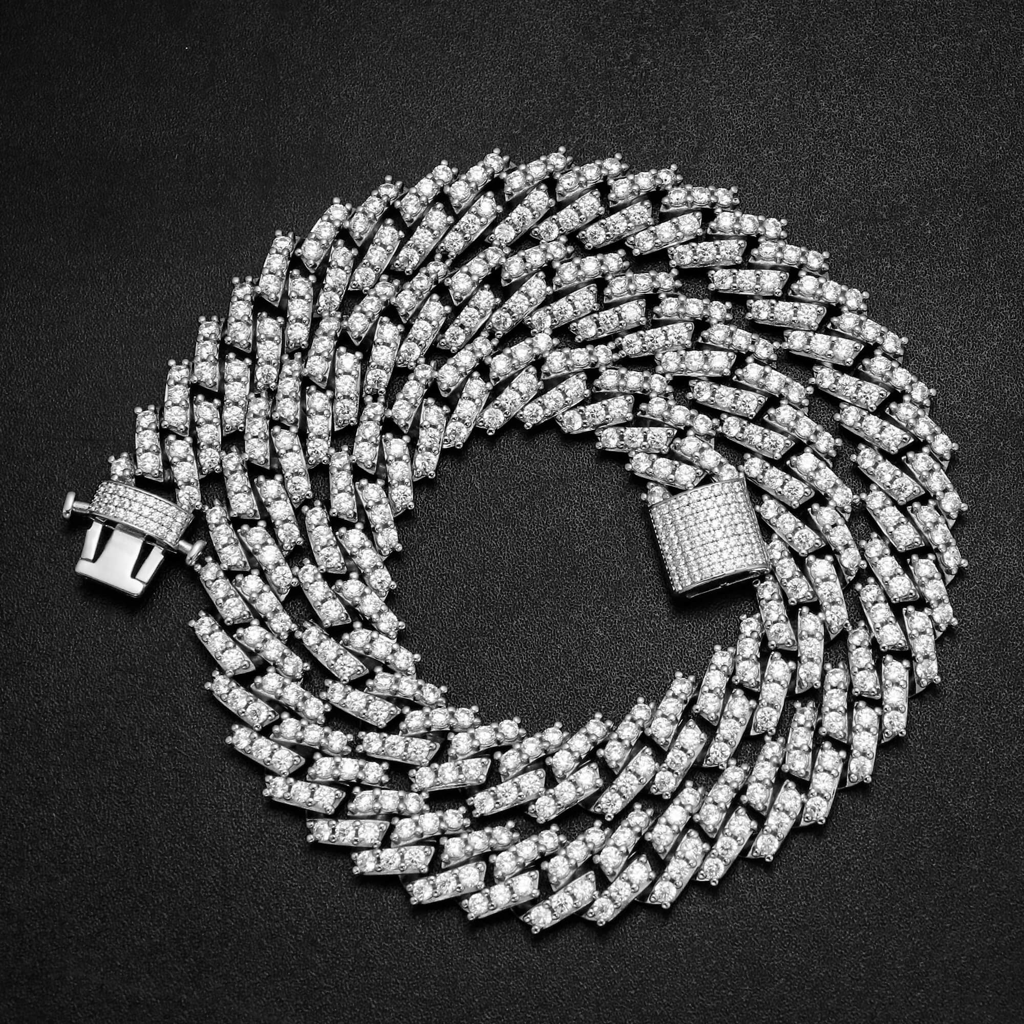 15MM White Gold Plated Iced Out  Simulated  S Link Prong Chain Thegoldlinks