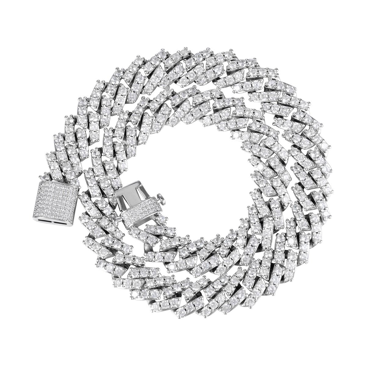 15MM White Gold Plated Iced Out  Simulated  S Link Prong Chain Thegoldlinks