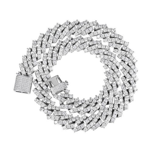 15MM White Gold Plated Iced Out  Simulated  S Link Prong Chain Thegoldlinks