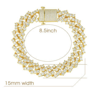 15MM White Gold Simulated  S Link Prong Bracelet