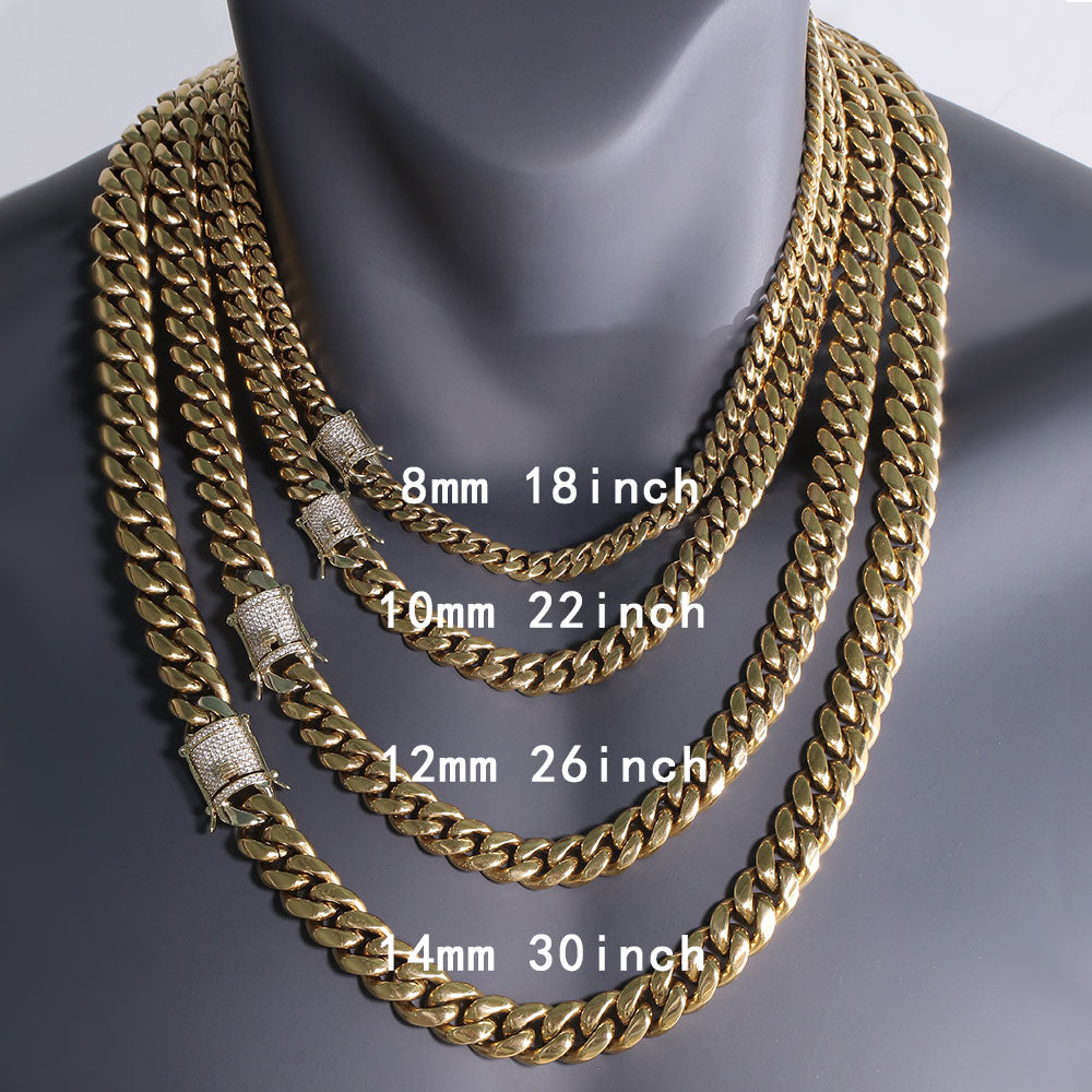 8/10/12/14/16/18MM 14K Gold Plated  Stainless Steel Iced Out Miami Cuban Link Chain