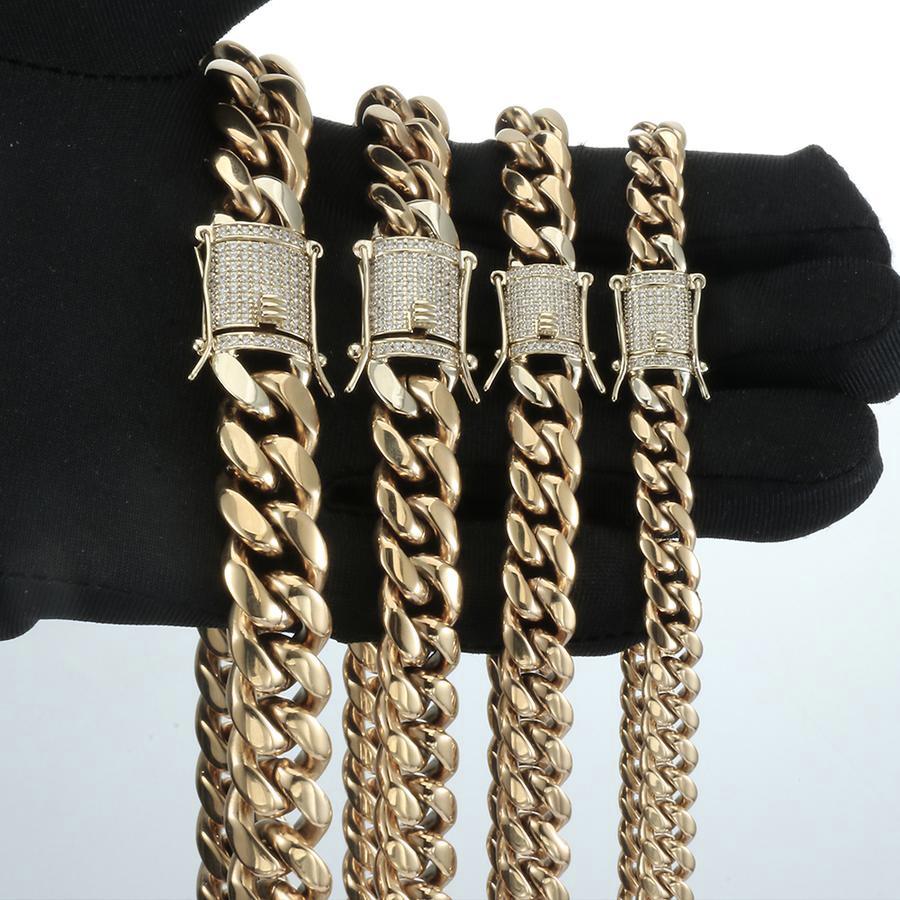8/10/12/14/16/18MM 14K Gold Plated  Stainless Steel Iced Out Miami Cuban Link Chain