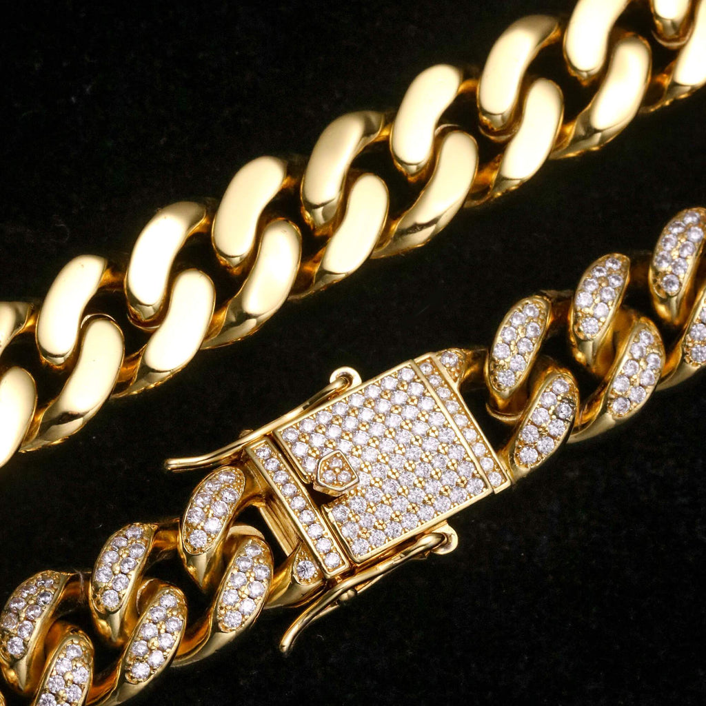 12MM 14K Gold Plated Iced Out Flooded Miami Cuban Link Chain