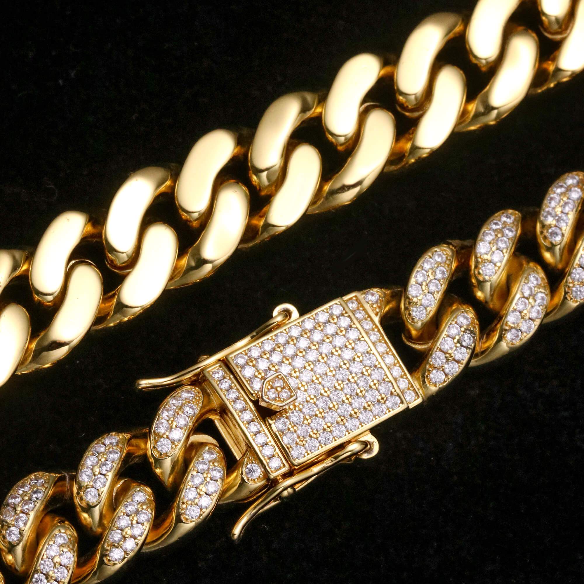 12MM 14K Gold Plated Iced Out Flooded Miami Cuban Link Chain Thegoldlinks