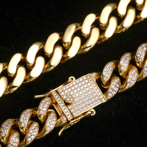 12MM 14K Gold Plated Iced Out Flooded Miami Cuban Link Chain Thegoldlinks