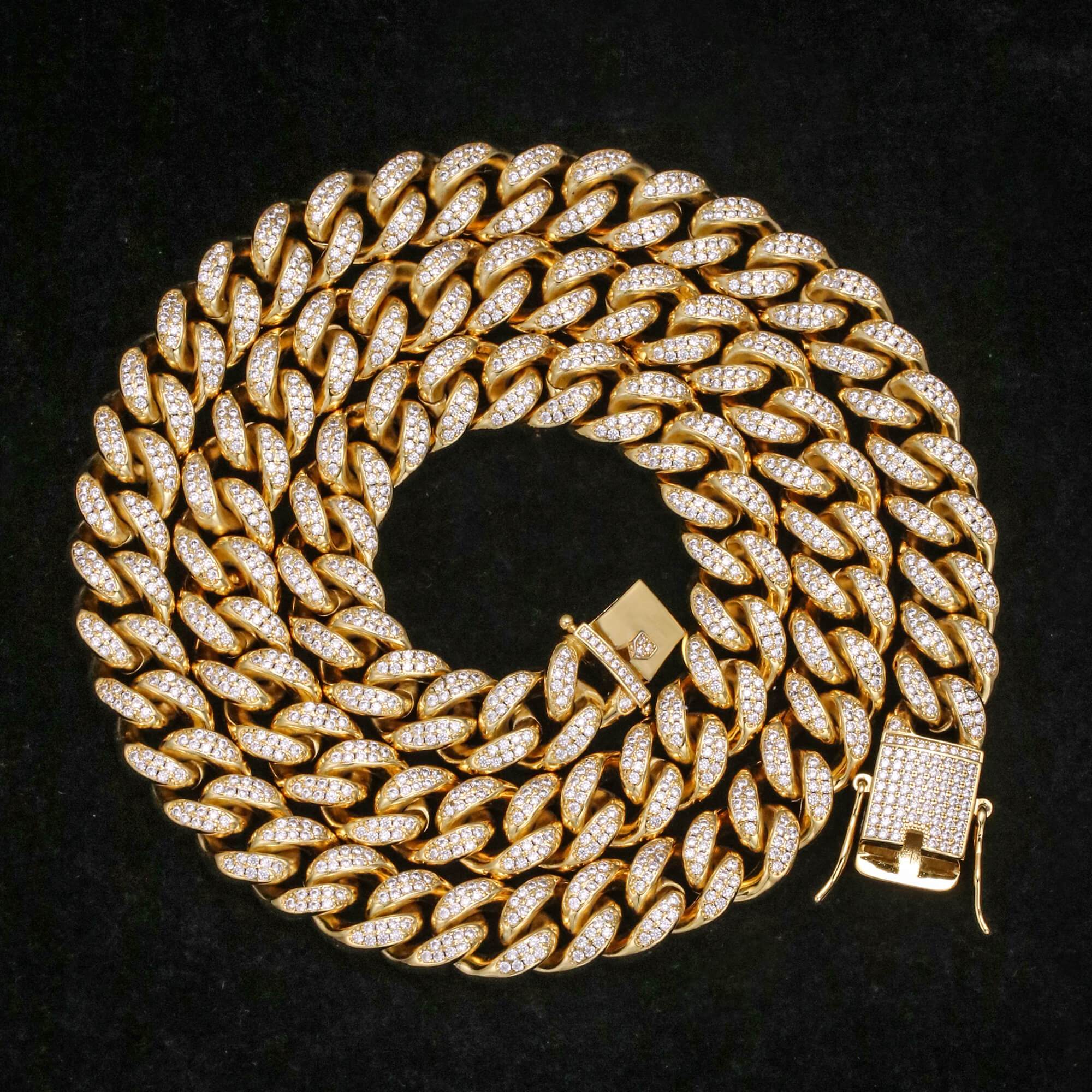 12MM 14K Gold Plated Iced Out Flooded Miami Cuban Link Chain Thegoldlinks