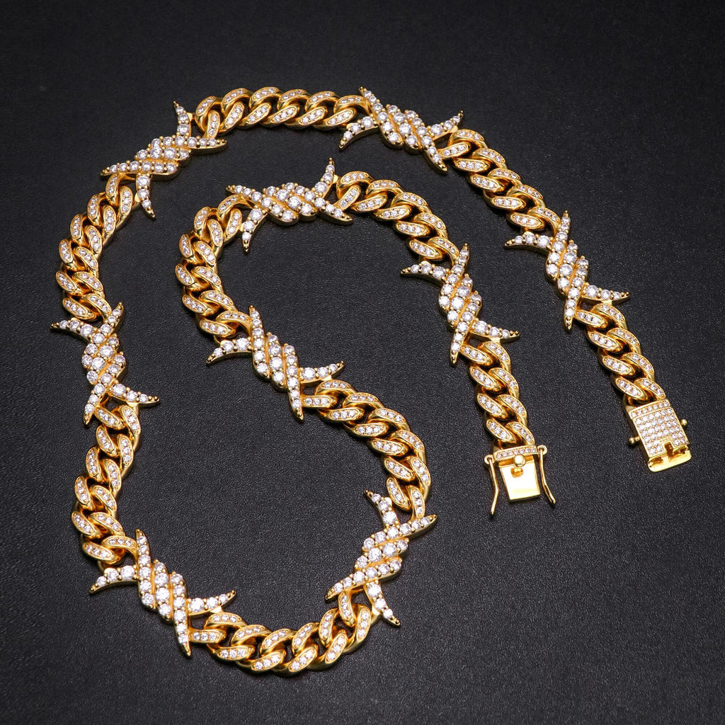 10MM 18K Gold  Plated Iced Out Barb Wire Cuban Link Chain