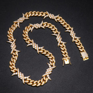 10MM 18K Gold  Plated Iced Out Barb Wire Cuban Link Chain