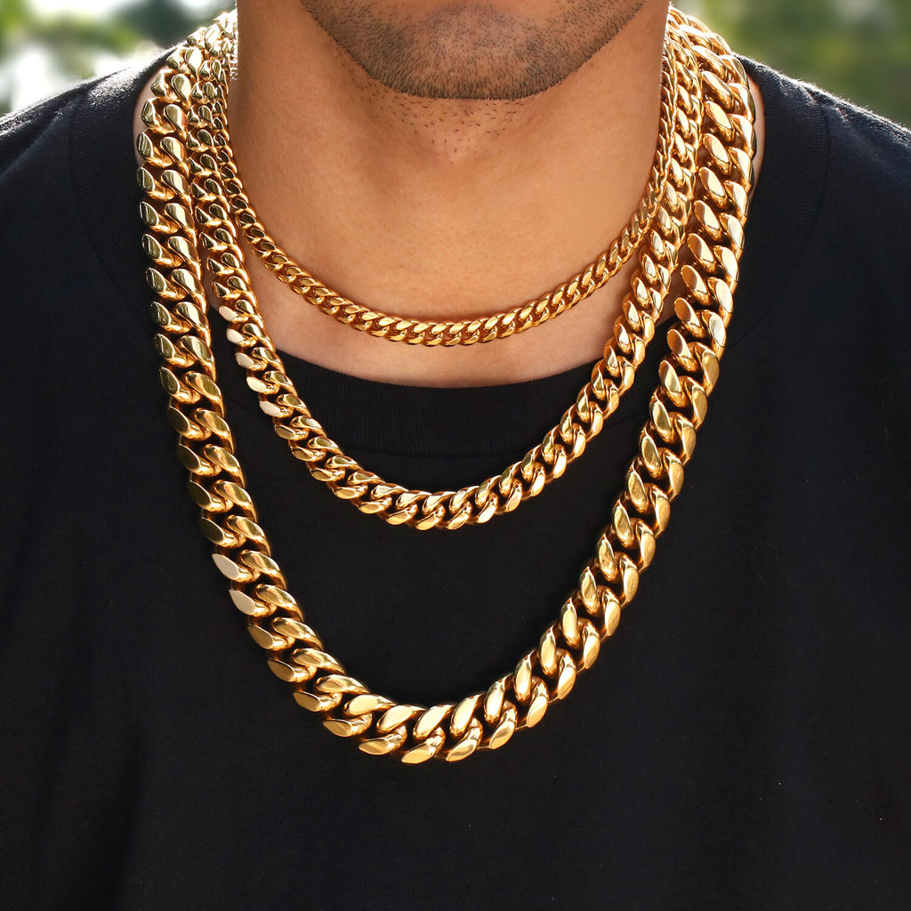8/10/12/14MM 14K Gold Plated Flip Button Miami Cuban Link Chain