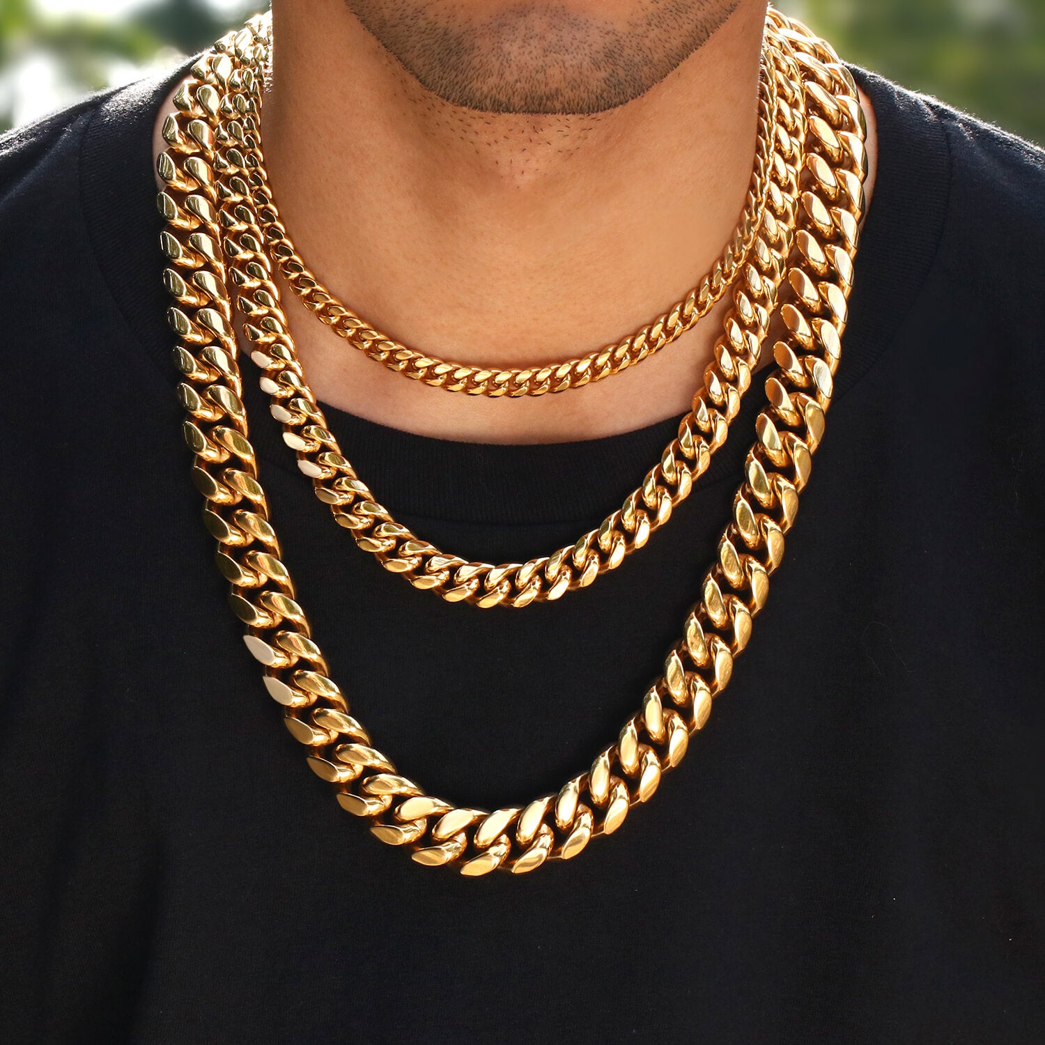 8/10/12/14MM 14K Gold Plated Flip Button Miami Cuban Link Chain