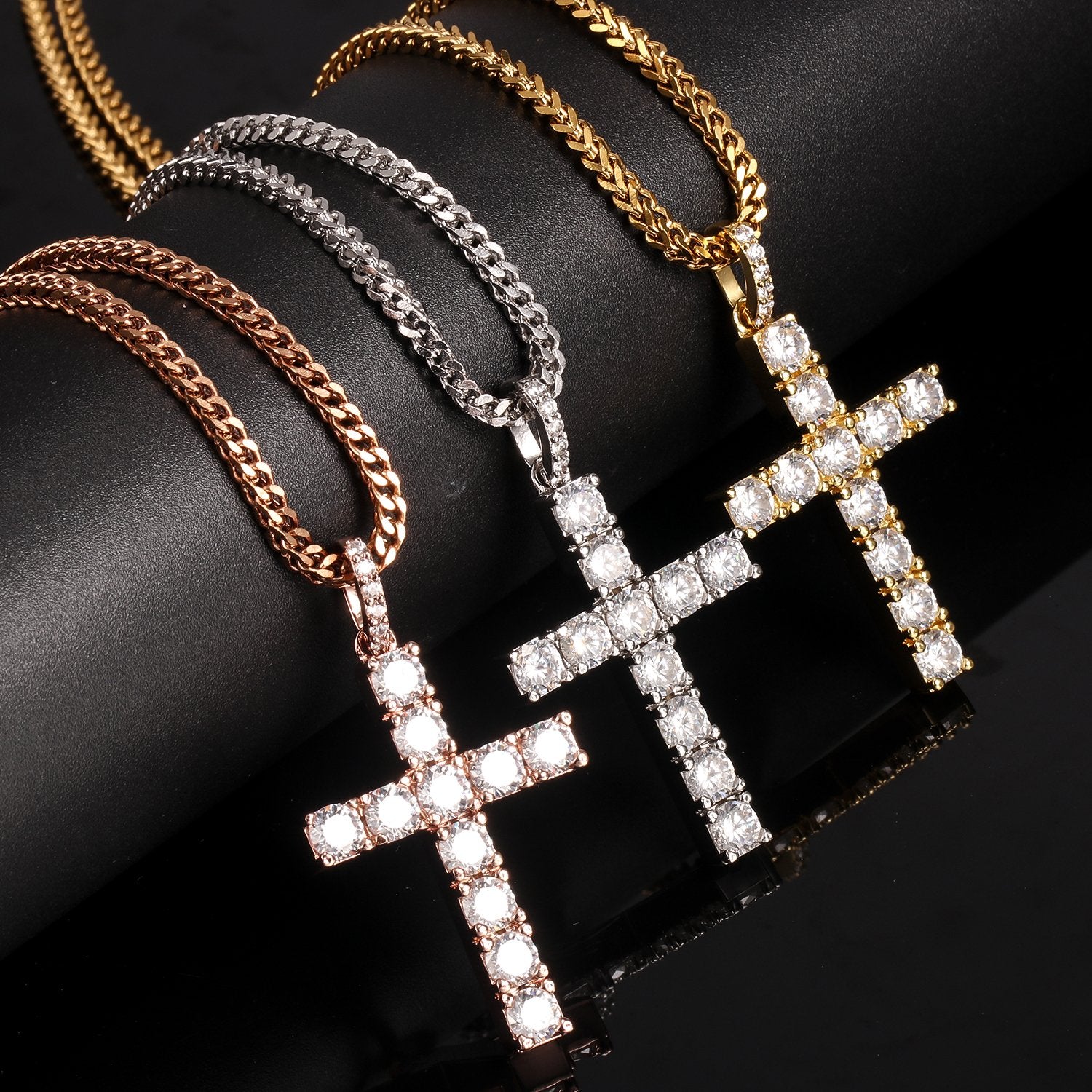 White Gold CZ Stone Cross Pendant with 3MM Franco Chain