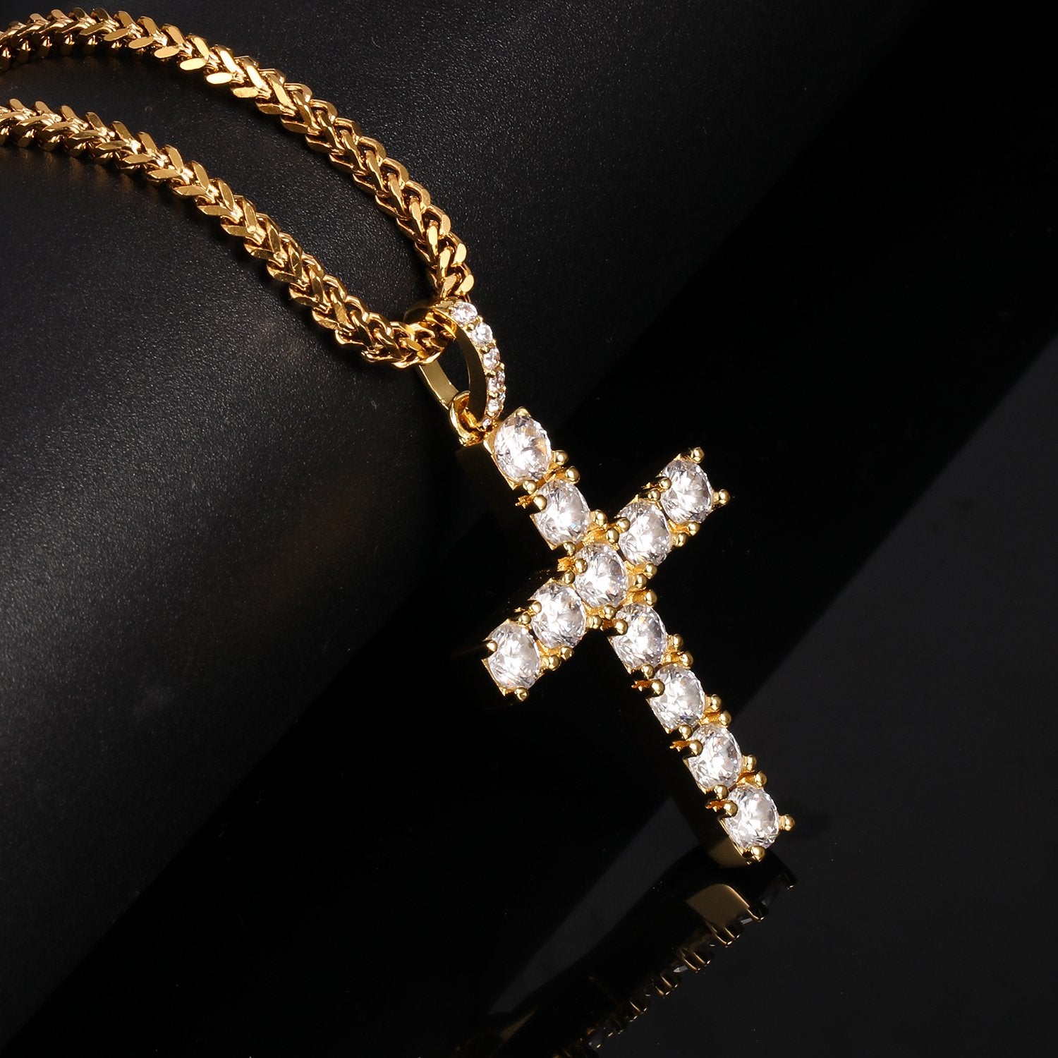 Gold CZ Stone Cross Pendant with 3MM Franco Chain