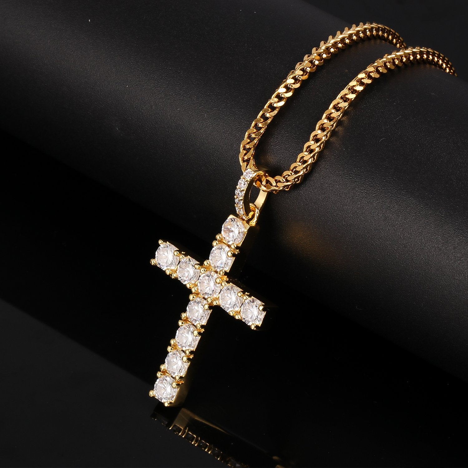 Gold CZ Stone Cross Pendant with 3MM Franco Chain