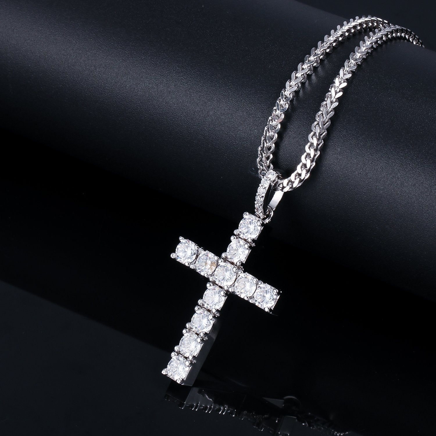 White Gold CZ Stone Cross Pendant with 3MM Franco Chain