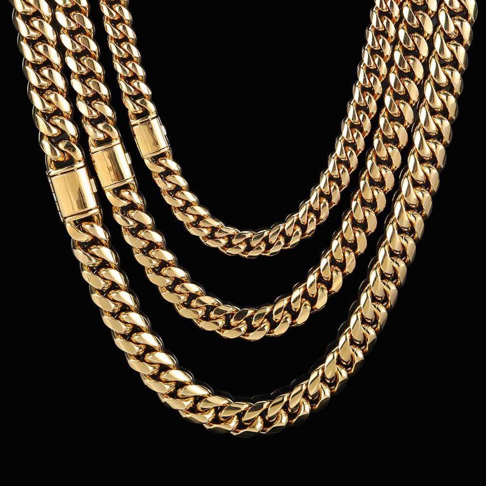 8/10/12/14MM 14K Gold Plated Flip Button Miami Cuban Link Chain Icedking