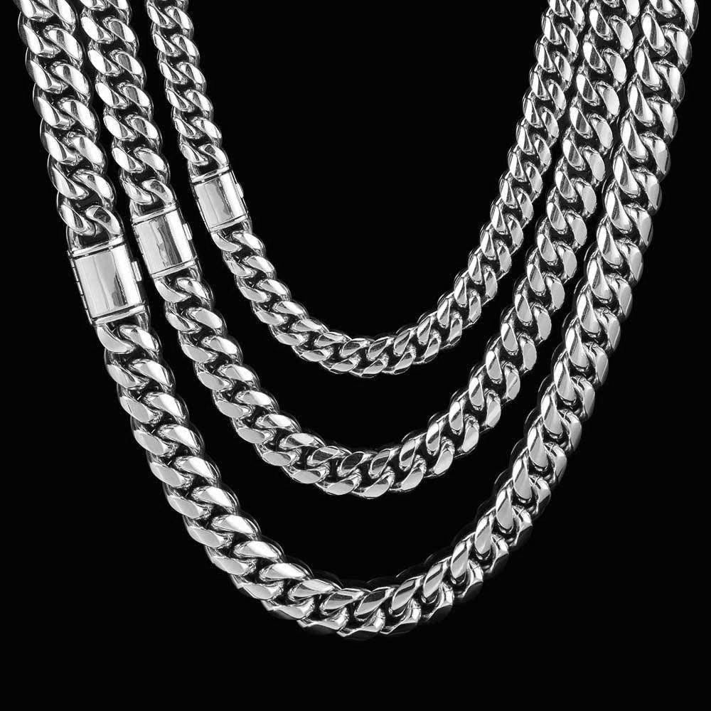 8/10/12/14MM White Gold Plated Flip Button Miami Cuban Link Chain