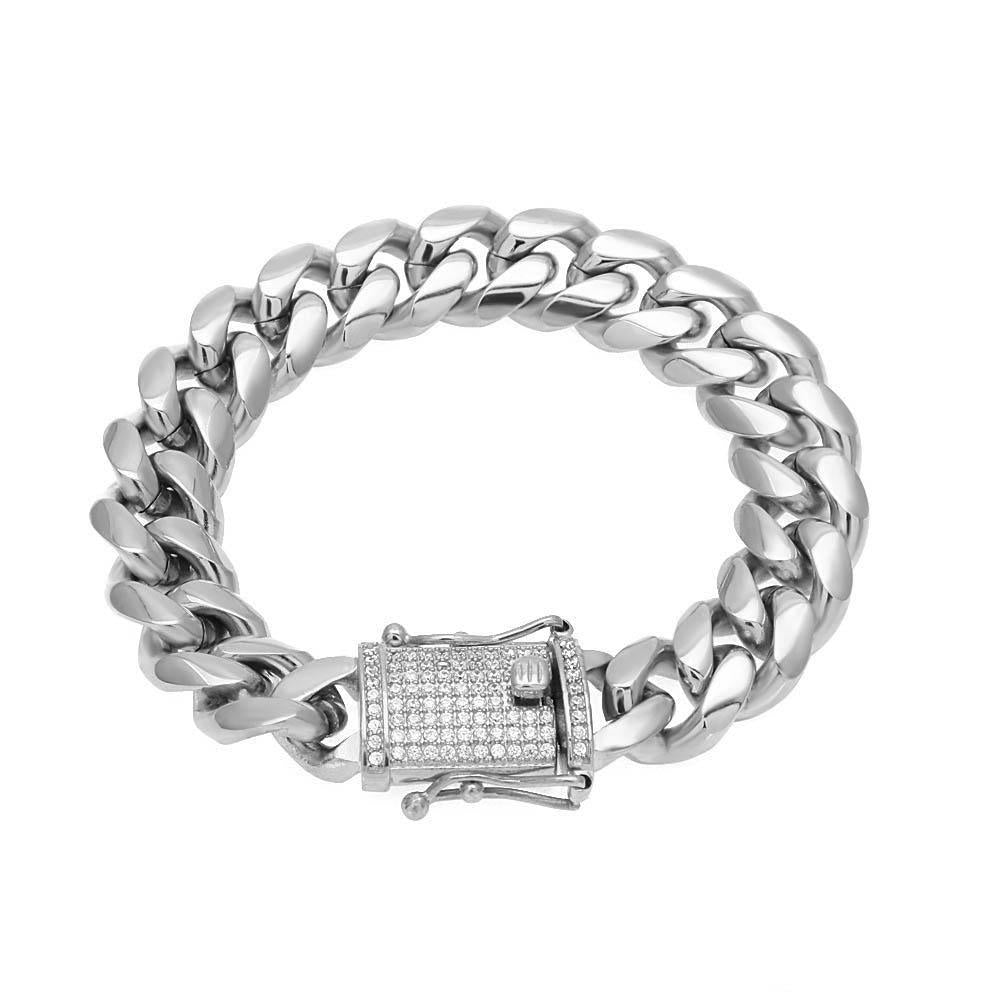 8/10/12/14/16/18MM White Gold Plated Stainless Steel Iced Out Miami Cuban Link Bracelet