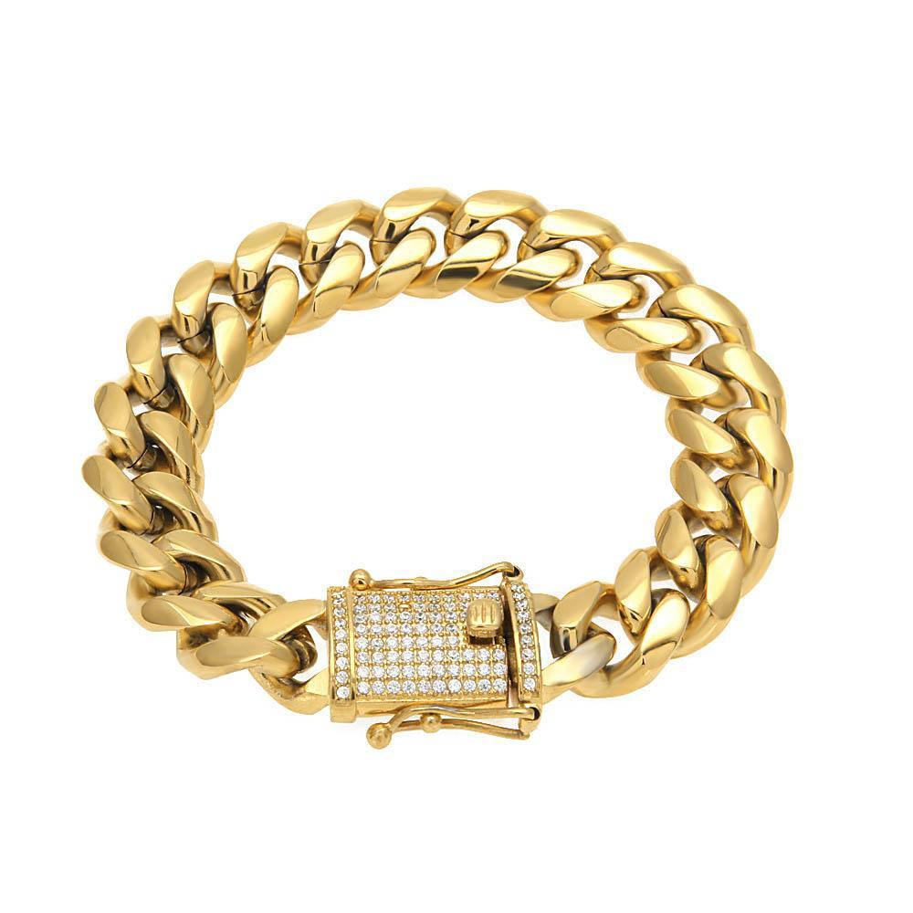 8/10/12/14/16/18MM 18K Gold Plated Stainless Steel Iced Out Miami Cuban Link Bracelet